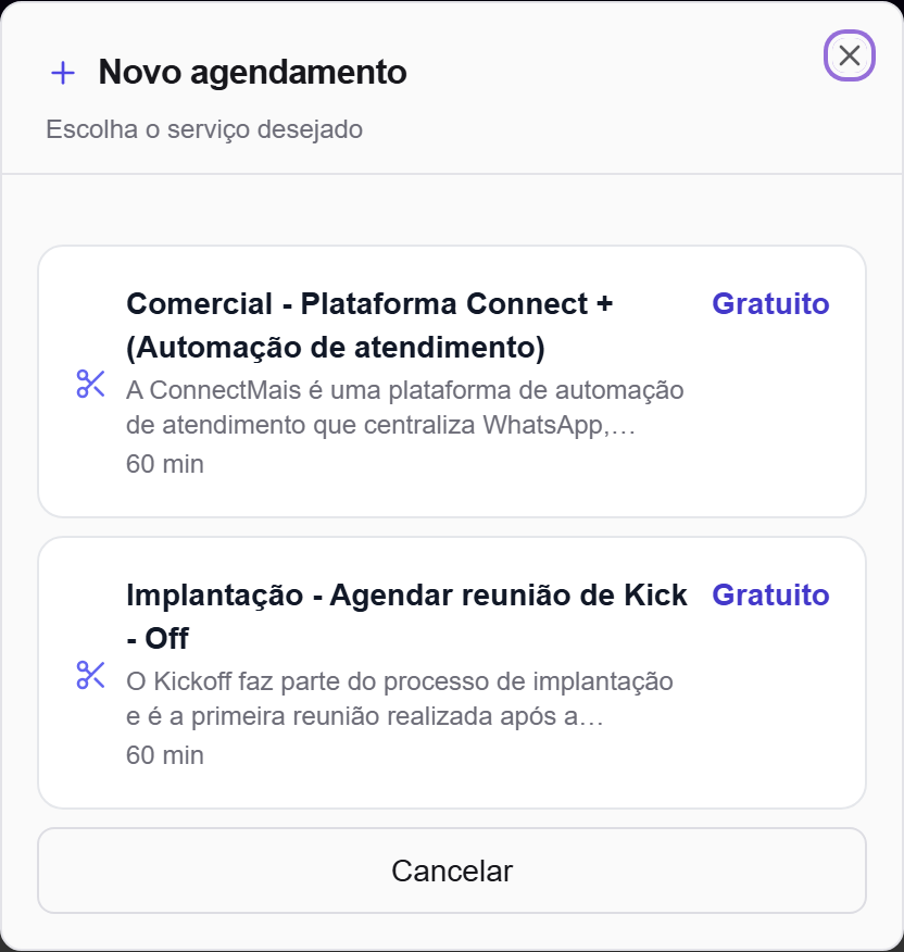 Tela real de escolha do serviço durante um novo agendamento